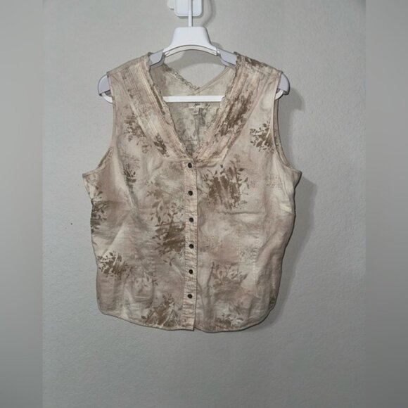 J. JILL 100% Linen Sleeveless Top Beige Florals Hints of Pink Size L - Picture 1 of 7